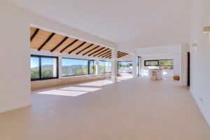Spacious open plan interior with exposed wooden ceiling and panoramic glazing