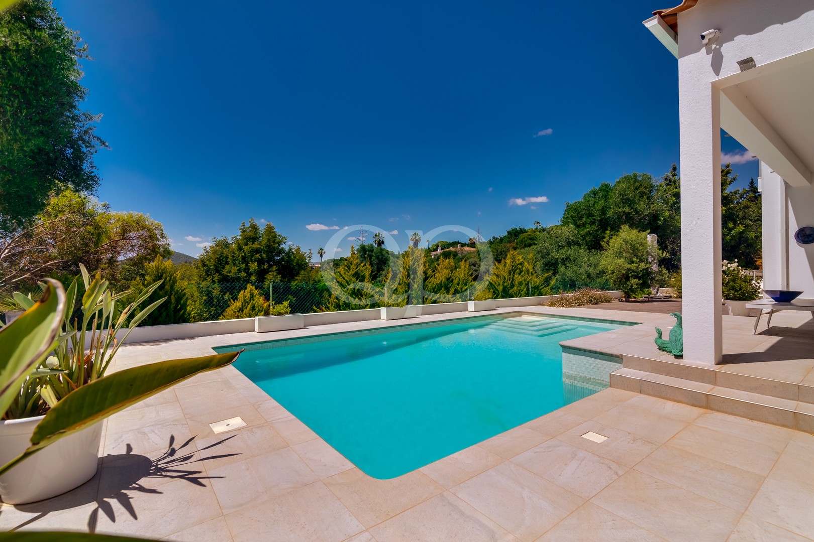 Swimmingpool mit Blick ins Grüne und umliegender Terrasse
