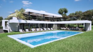 Contemporary white villa featuring open-plan indoor-outdoor living, expansive terraces, and a luxurious swimming pool