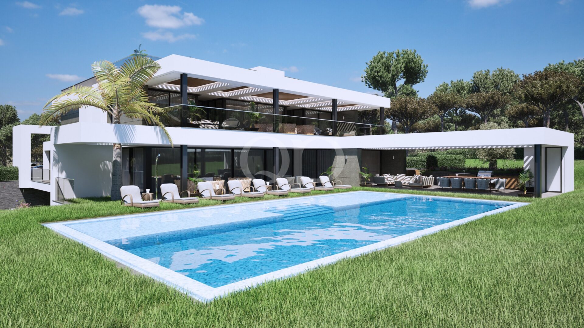 Contemporary white villa featuring open-plan indoor-outdoor living, expansive terraces, and a luxurious swimming pool