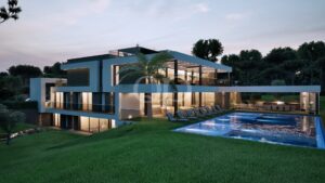 Sophisticated private residence offering seamless indoor-outdoor living, warm ambient lighting, and an illuminated pool