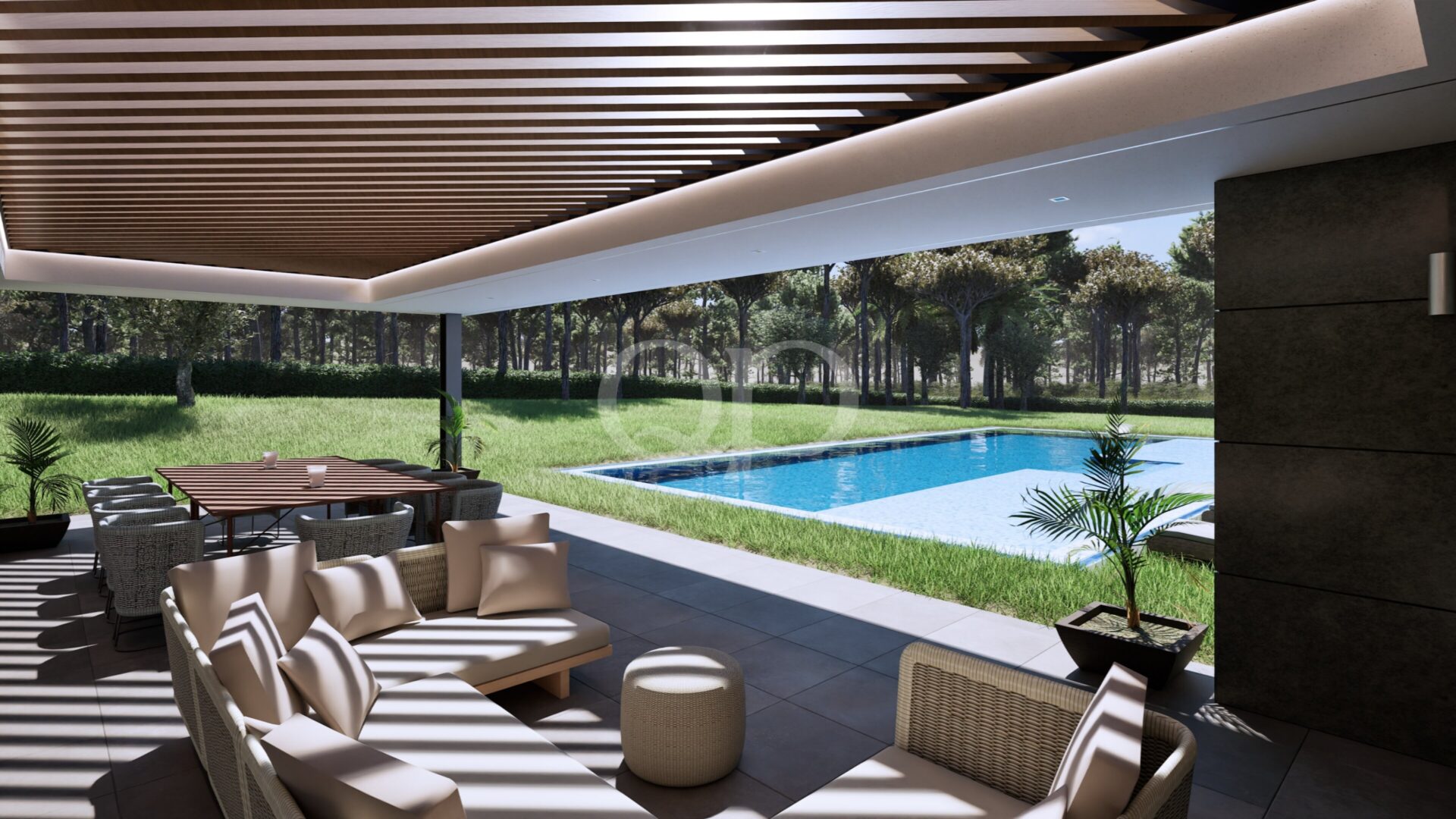 Modern partially covered open terrace overlooking a landscaped garden and luxurious pool