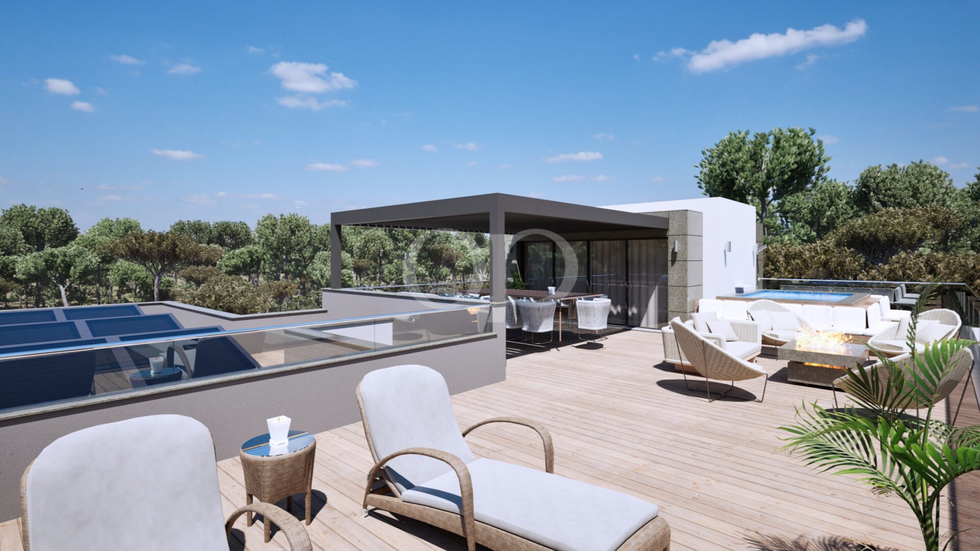 Luxurious rooftop terrace with a Jacuzzi, firepit, and bar area, overlooking breathtaking views