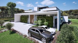 Serene, sleek entrance featuring elegant geometric architecture, a landscaped driveway, and outdoor parking