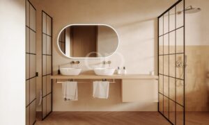 Badezimmer mit Doppelwaschtisch und beleuchtetem Spiegel