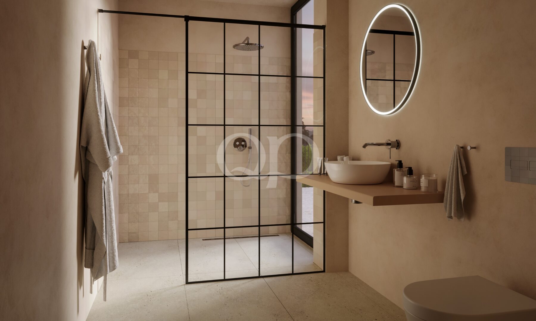 Salle de bains moderne avec douche à l'italienne et meuble-lavabo suspendu