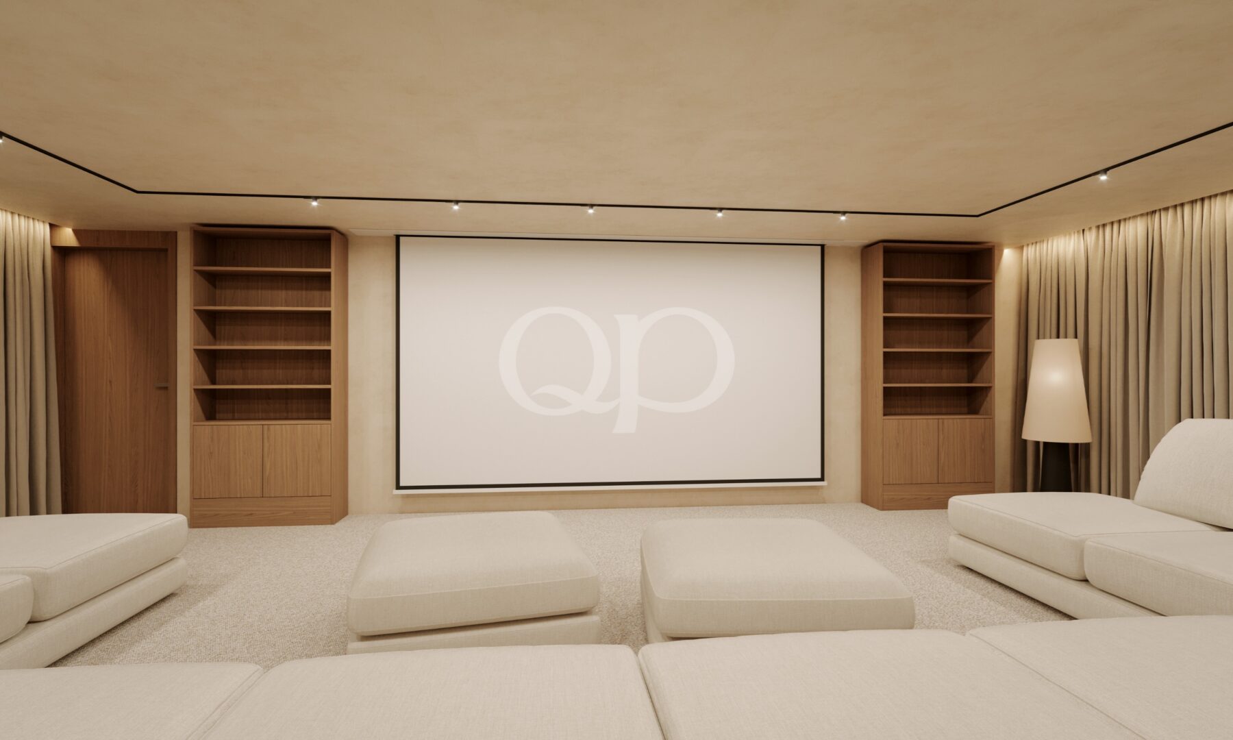 Salle de home cinéma avec étagères encastrées
