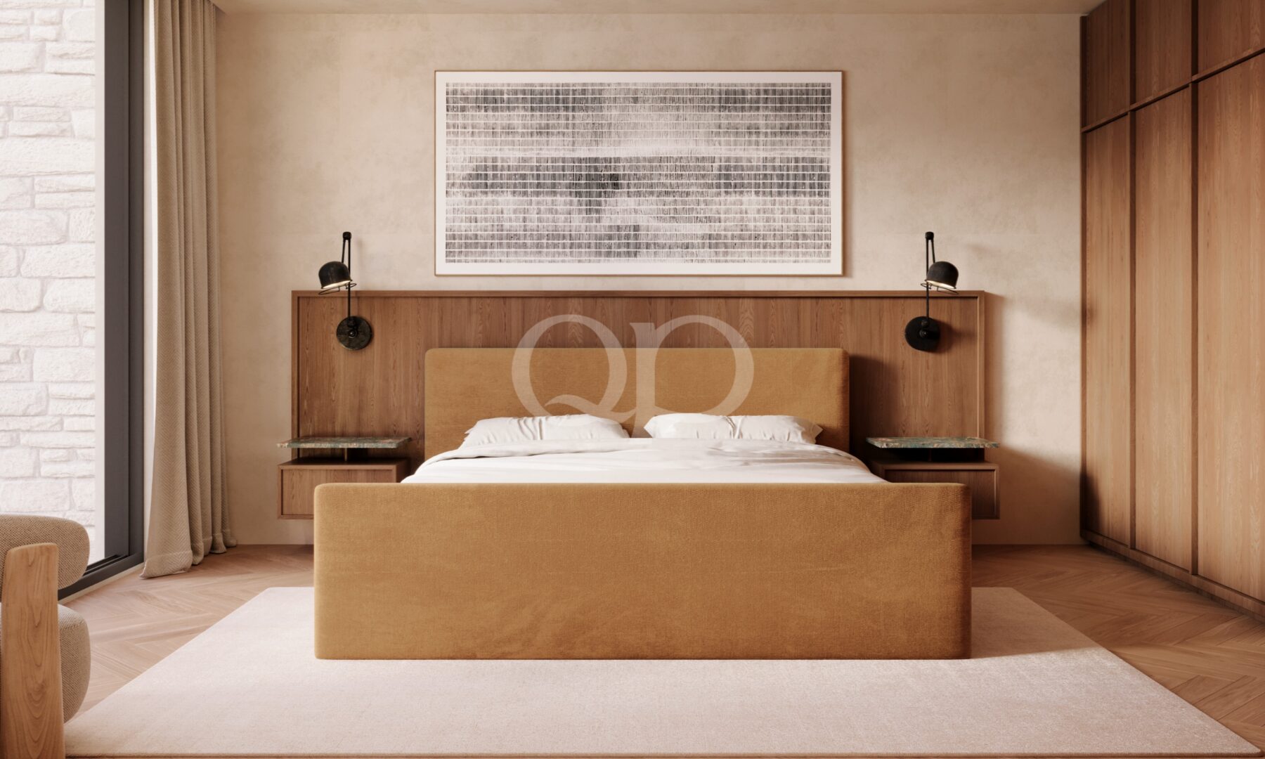 Schlafzimmer mit Holzvertäfelung und integrierter Bettbeleuchtung