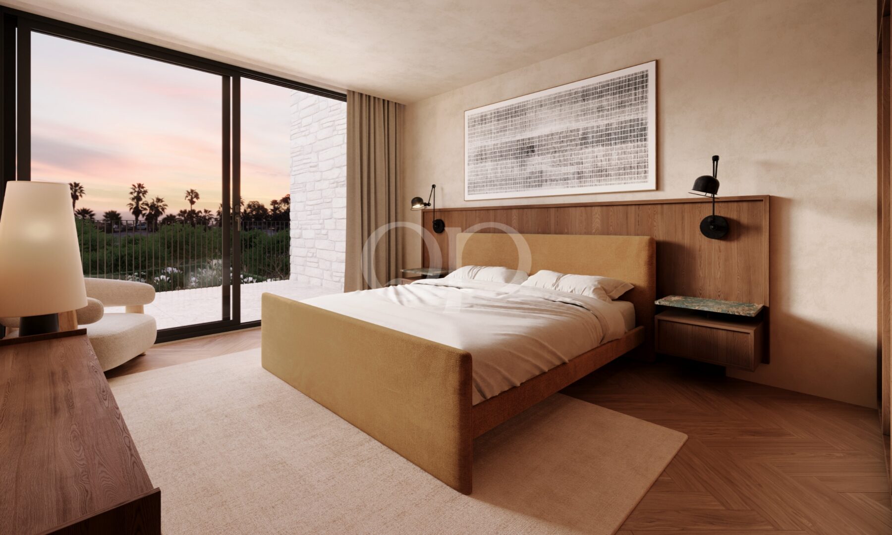 Chambre avec baies vitrées et accès au jardin