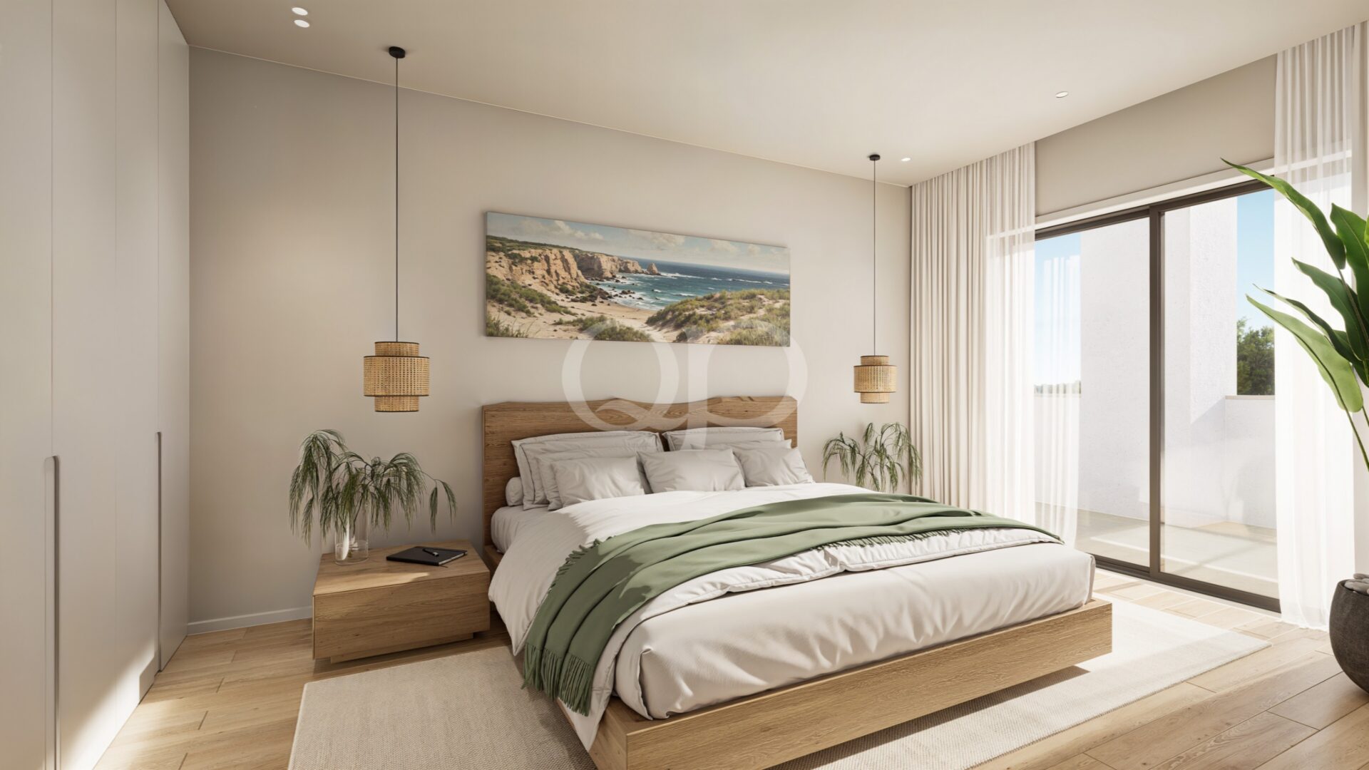 Chambre avec baies vitrées et vue sur le jardin