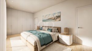 Chambre avec placards intégrés et baignée de lumière naturelle