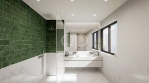 Salle de bains avec douche à l'italienne, meuble-lavabo et carrelage décoratif