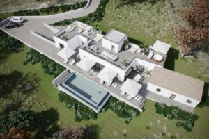 Elegant modern villa featuring a luxurious rooftop terrace, infinity pool, and stunning driveway with countryside views