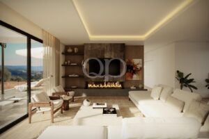 Stunning chic open plan living room featuring modern fireplace and panoramic countryside views