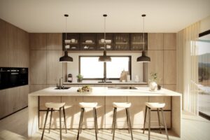 Gorgeous open plan kitchen with modern luxurious cabinets and island