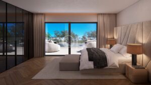 Schlafzimmer mit raumhoher Verglasung und Zugang zur Terrasse