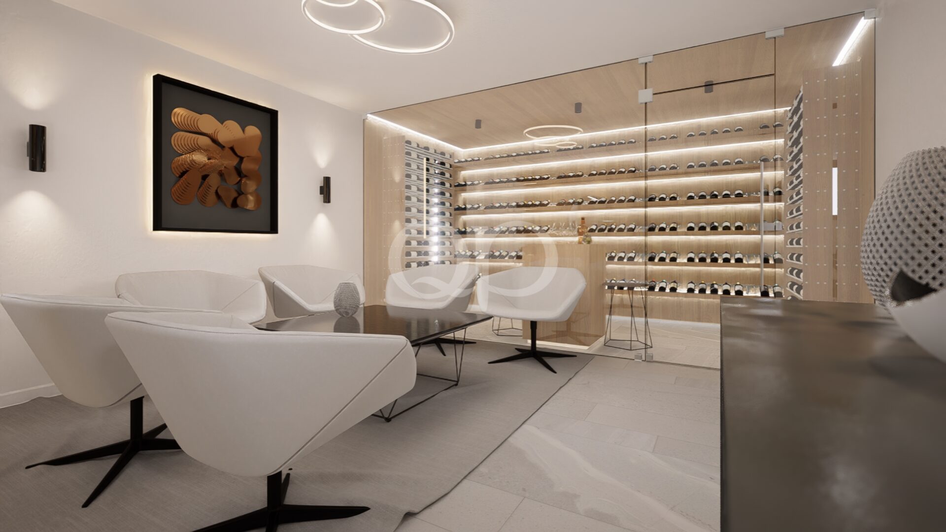 Cave à vin avec présentoir de bouteilles éclairé et espace de dégustation