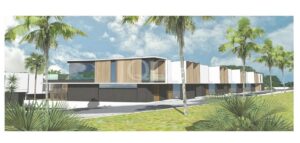Rendu 3D d'une résidence contemporaine avec bardage en bois, baies vitrées et façade aménagée