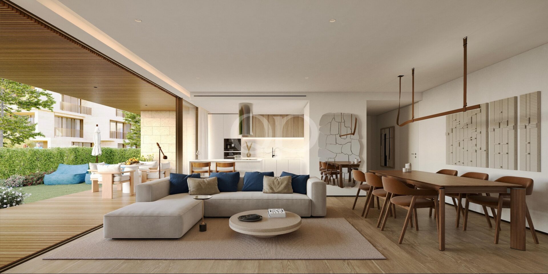 Bright modern open plan kithcen, dining, and living area with seamless indoor-outdoor living