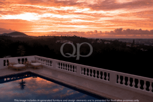 Terrasse de la piscine offrant une vue magnifique sur le coucher de soleil de l'Algarve