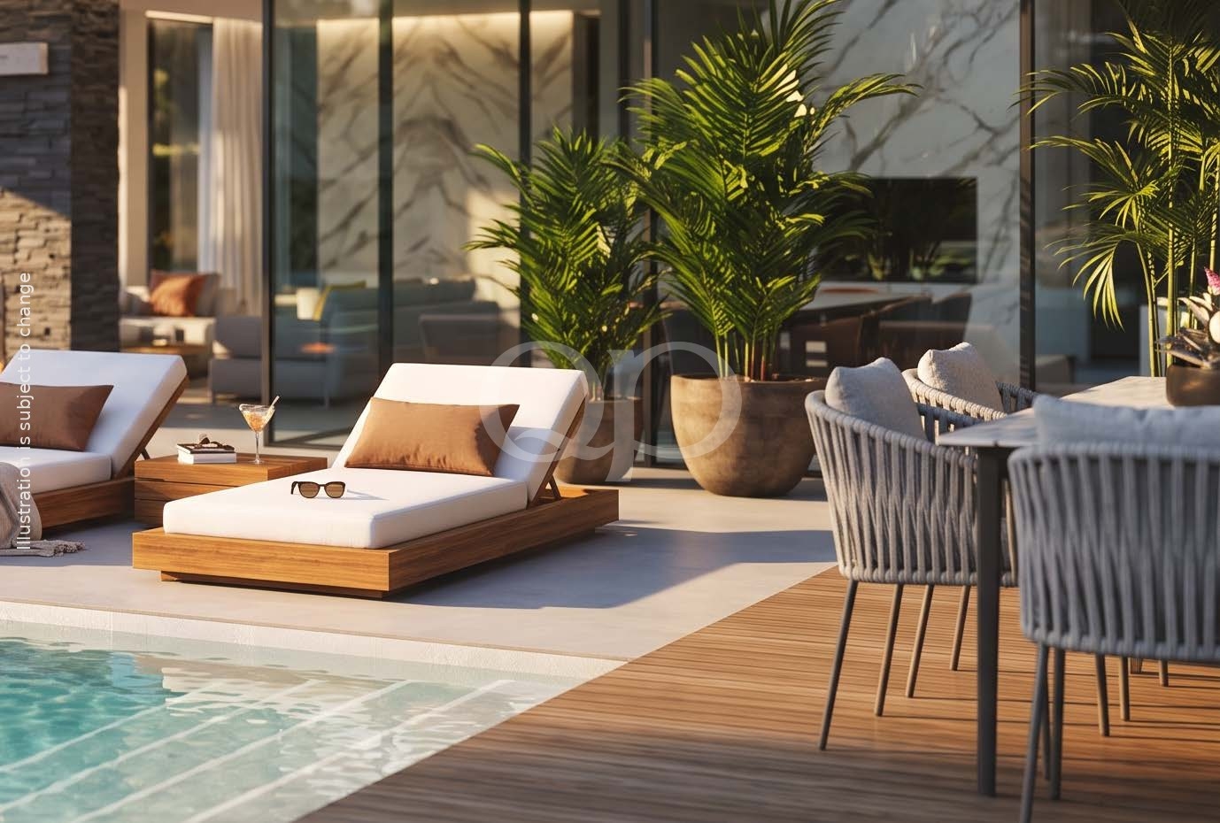 Salon extérieur donnant sur un jardin paysager