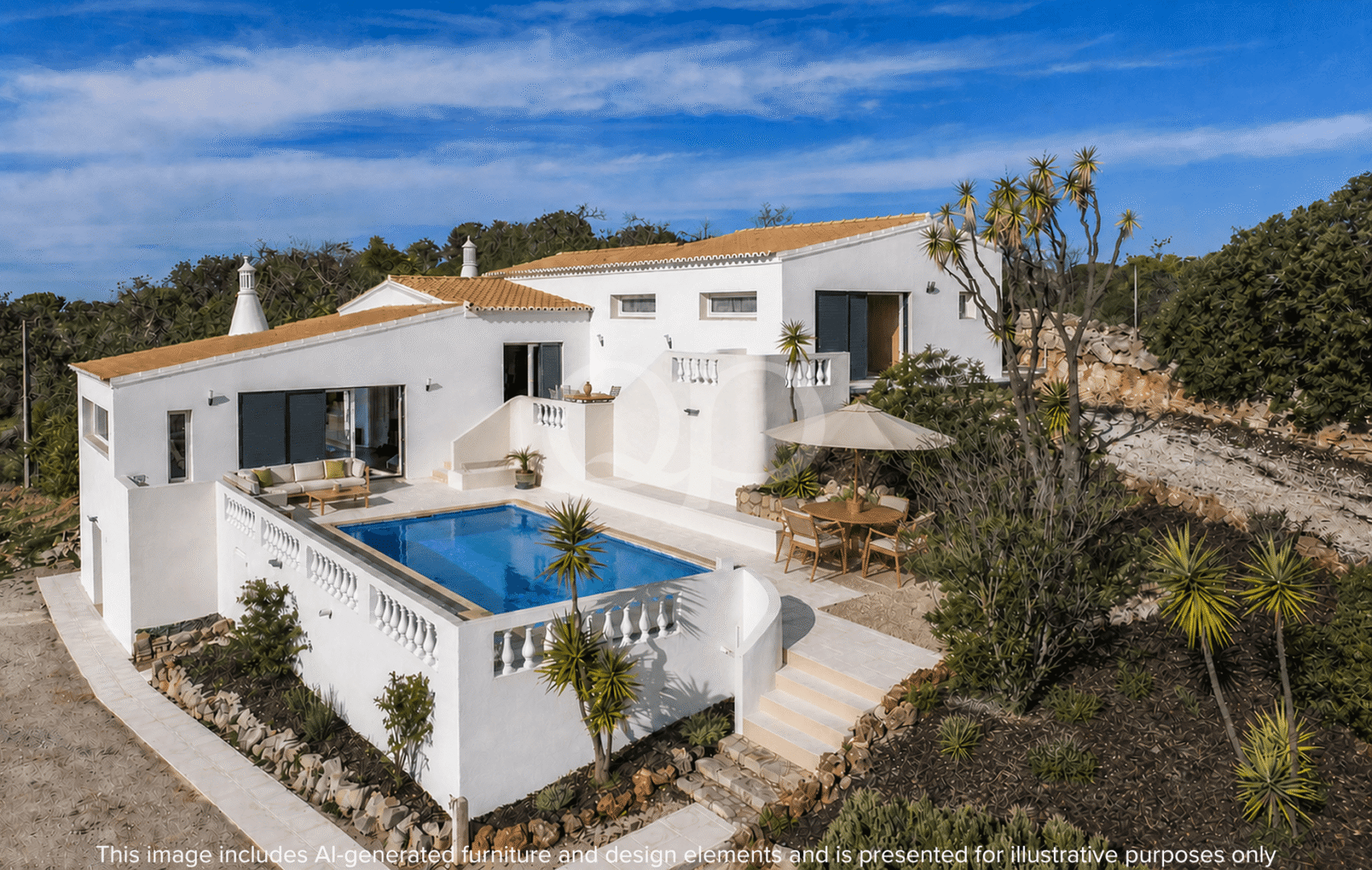 Elevated villa setting with swimming pool and countryside surroundings