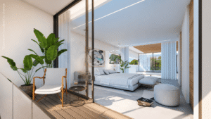 Quarto luminoso e espaçoso com interiores contemporâneos