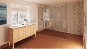 Casa de banho luminosa e moderna, com cabina de duche em vidro, chuveiro tipo cascata e lavatório com armário moderno