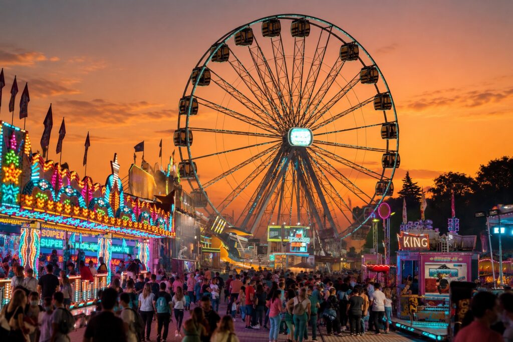Le parc des fêtes de Feira de Santa Iria, à Faro, au crépuscule.