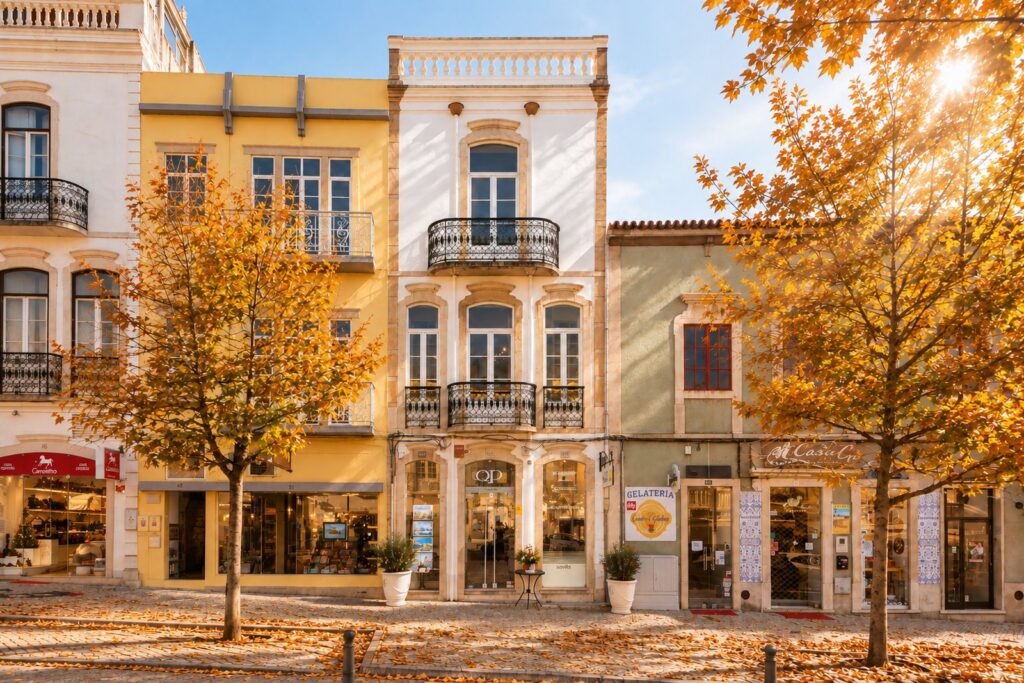L'agence QP Savills de Loulé, encadrée par des arbres aux couleurs d'automne.