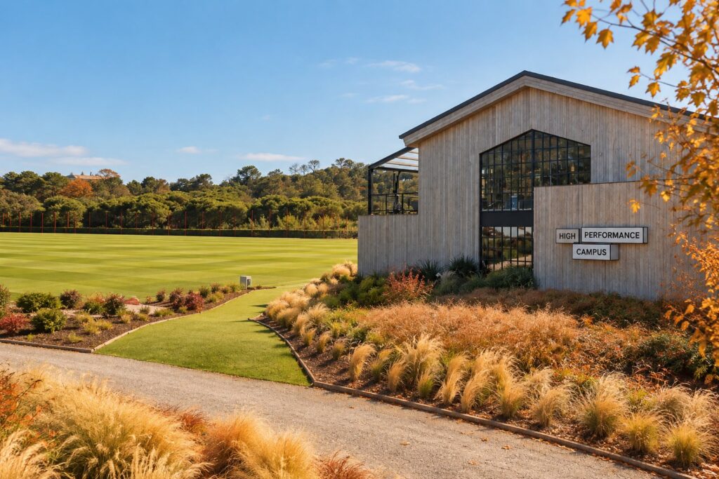 Le centre sportif de haut niveau « Campus » à Quinta do Lago, avec ses herbes d'automne bordant le terrain d'entraînement.