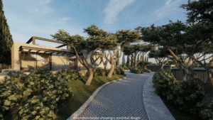 Architectural render of a landscaped garden pathway with mature trees