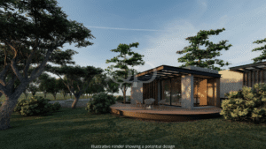 Architectural render of a contemporary garden pavilion surrounded by landscaped grounds