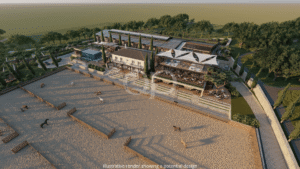 Aerial view of equestrian riding arena, stables and surrounding estate facilities