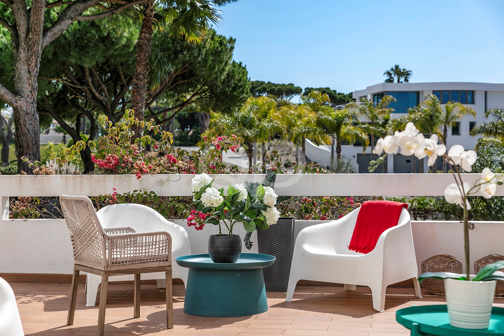 Outdoor seating area surrounded by greenery
