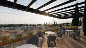 Architectural render of an outdoor dining terrace with countryside views
