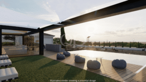 Architectural render of a covered outdoor terrace overlooking the Algarve countryside