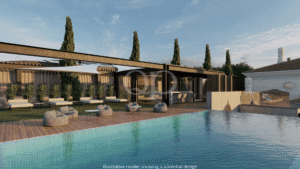 Architectural render of a swimming pool with contemporary outdoor lounge area