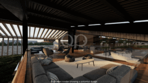 Architectural render of a contemporary covered lounge with garden views
