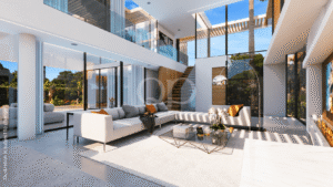Luxury living room with floor-to-ceiling windows